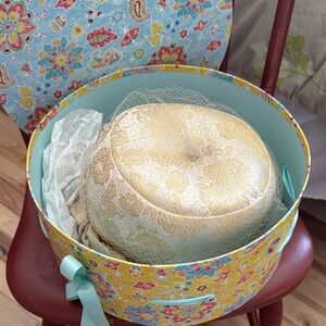 Vintage Gold Brocade Pillbox Hat with Veil